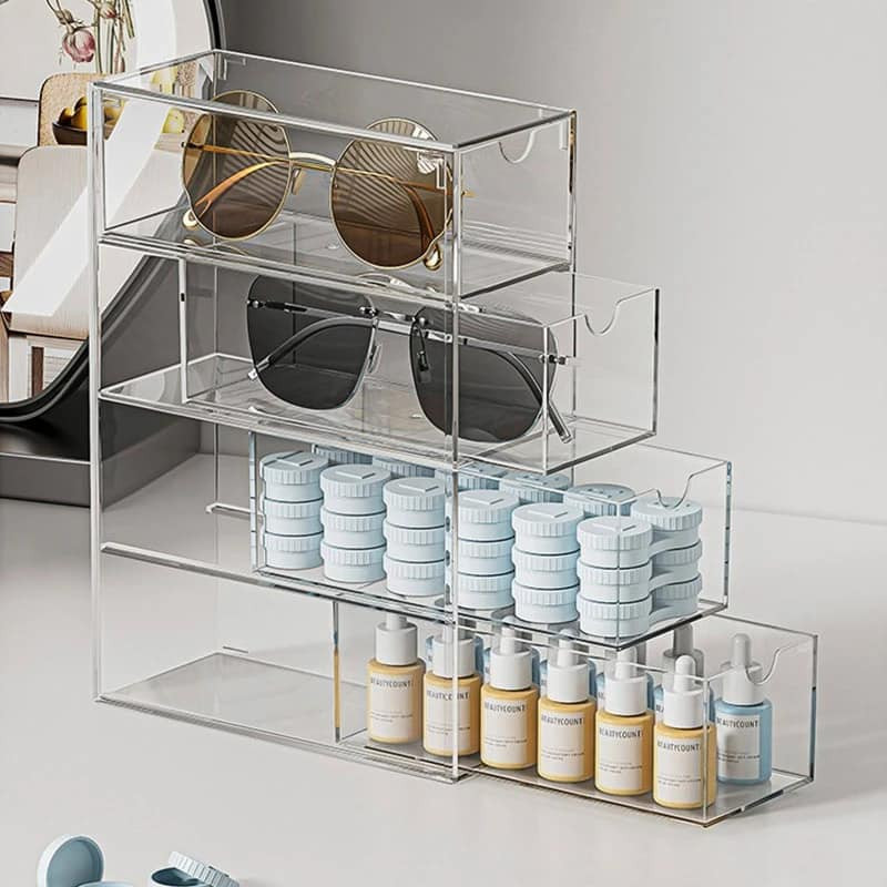 4 Layer Clear Acrylic Sliding Cosmetics Drawer Case Sunglass Storage