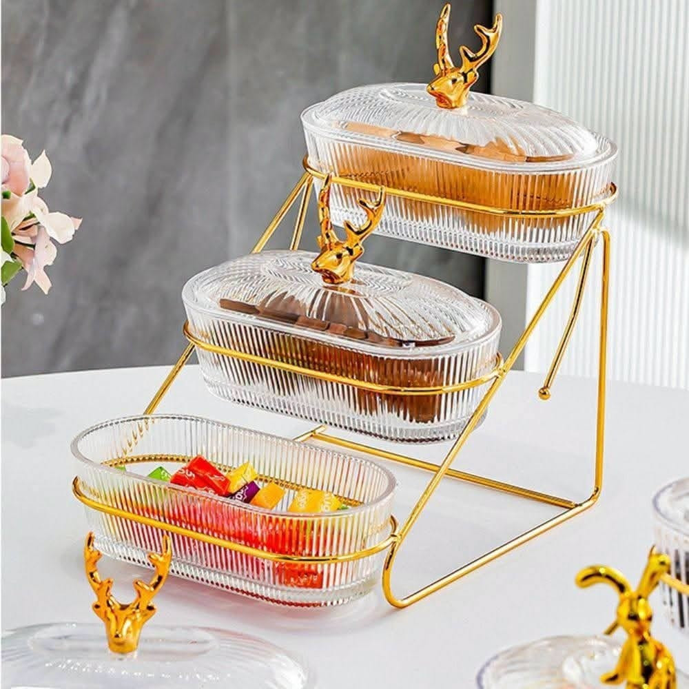 Multi-layer Fruit Plate Elegant 3-tier Dried Fruit Display Tray with Nut Stand Stylish Elk Lid for Fruits for Entertaining