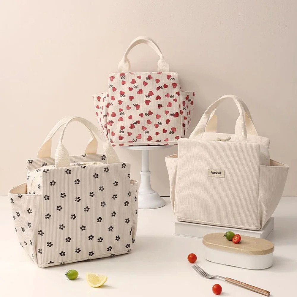 Portable Corduroy Lunch Bag, Insulated Lunch Box, Cute Printed Lunch Storage Bag, Picnic Lunch Bag, Large Capacity Tote Bag