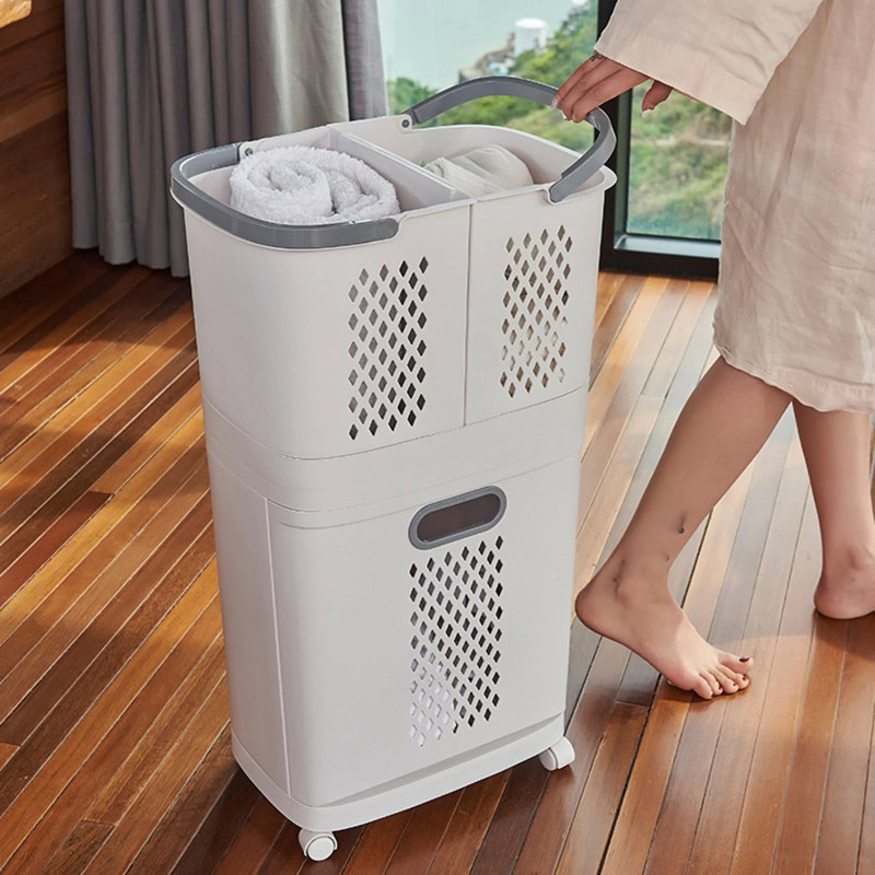 Movable Household Laundry Basket,2 Tier Laundry Hamper Basket Sorter with Wheels&Handle,Large Hand-Held Laundry Basket Storage